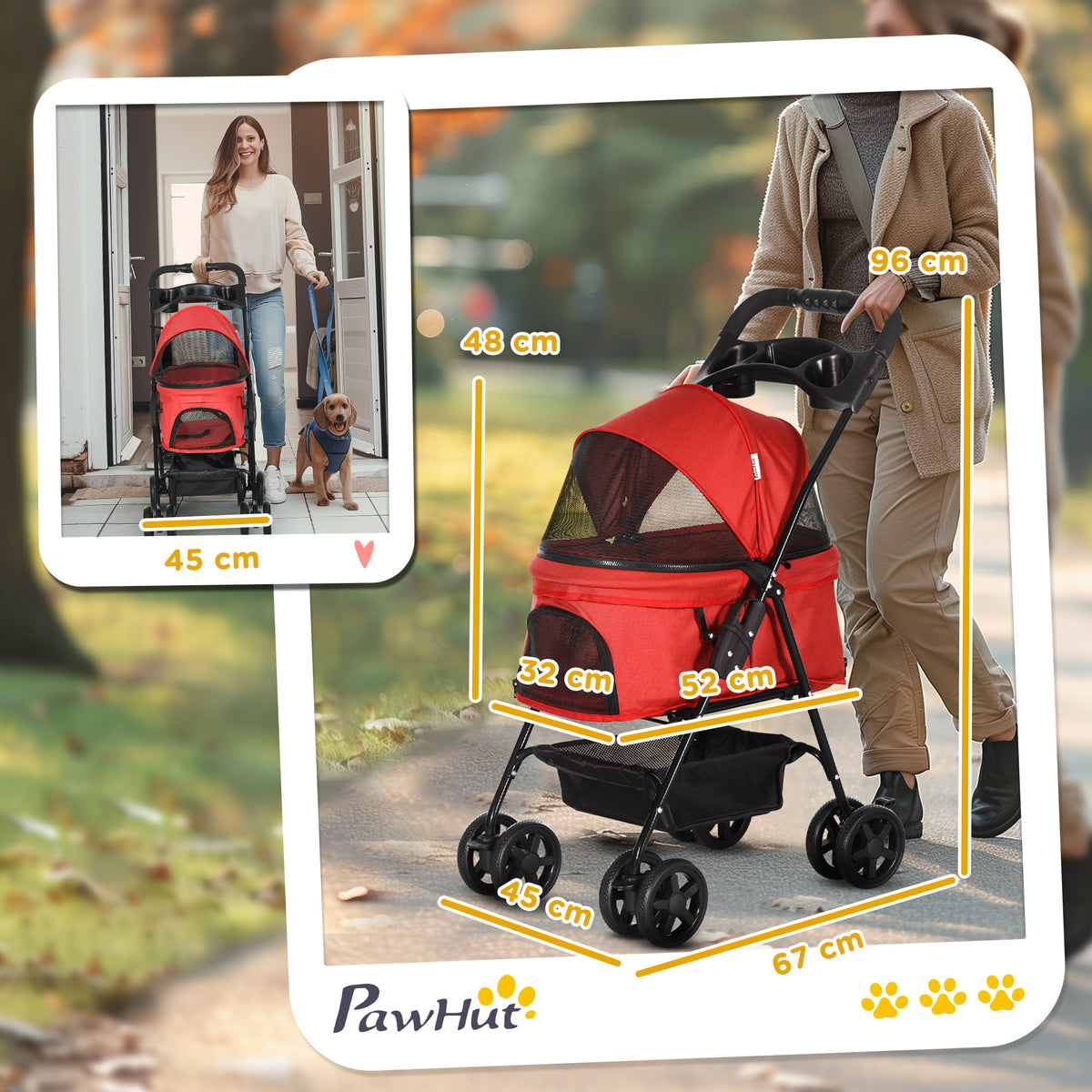 Passeggino pieghevole per cani e gatti, cestino portaoggetti, portabicchiere, tessuto Oxford impermeabile 300D, 4 ruote, rosso