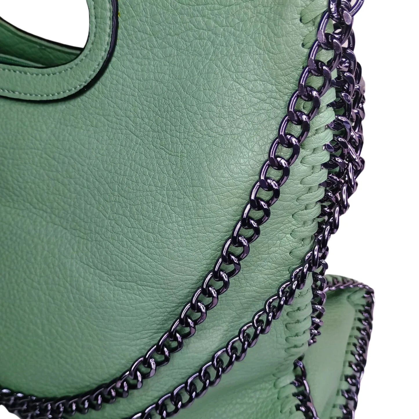Green Leather Tote Bag with Chain Strap