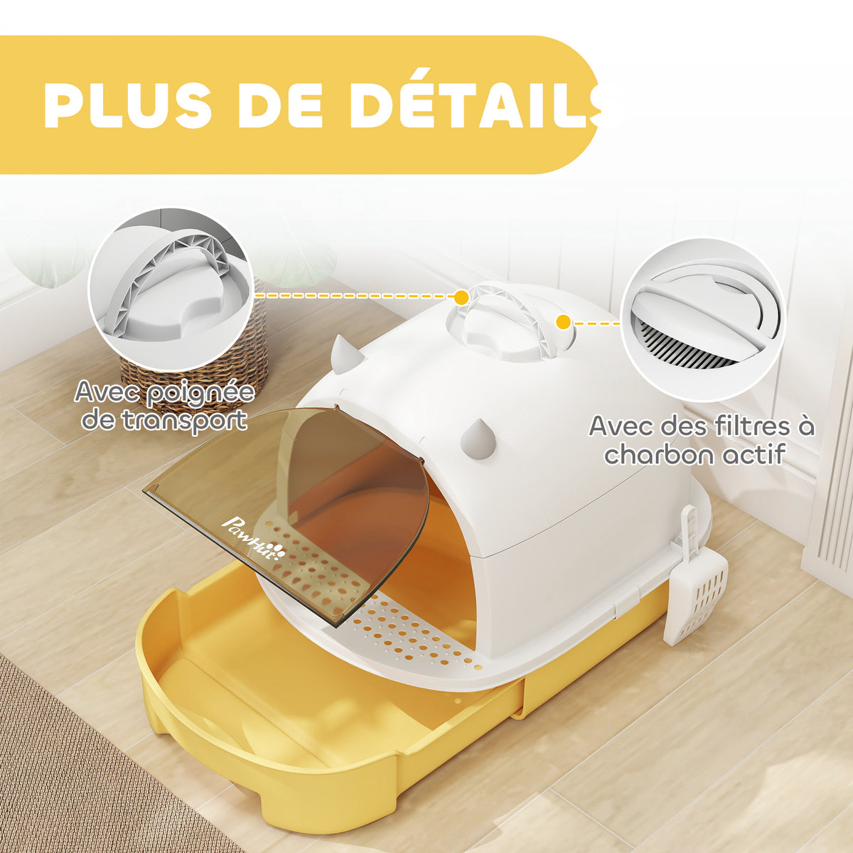 Toilette chiusa per gatti con maniglia di trasporto e porta traslucida, 40,5 x 52 x 39 cm, gialla