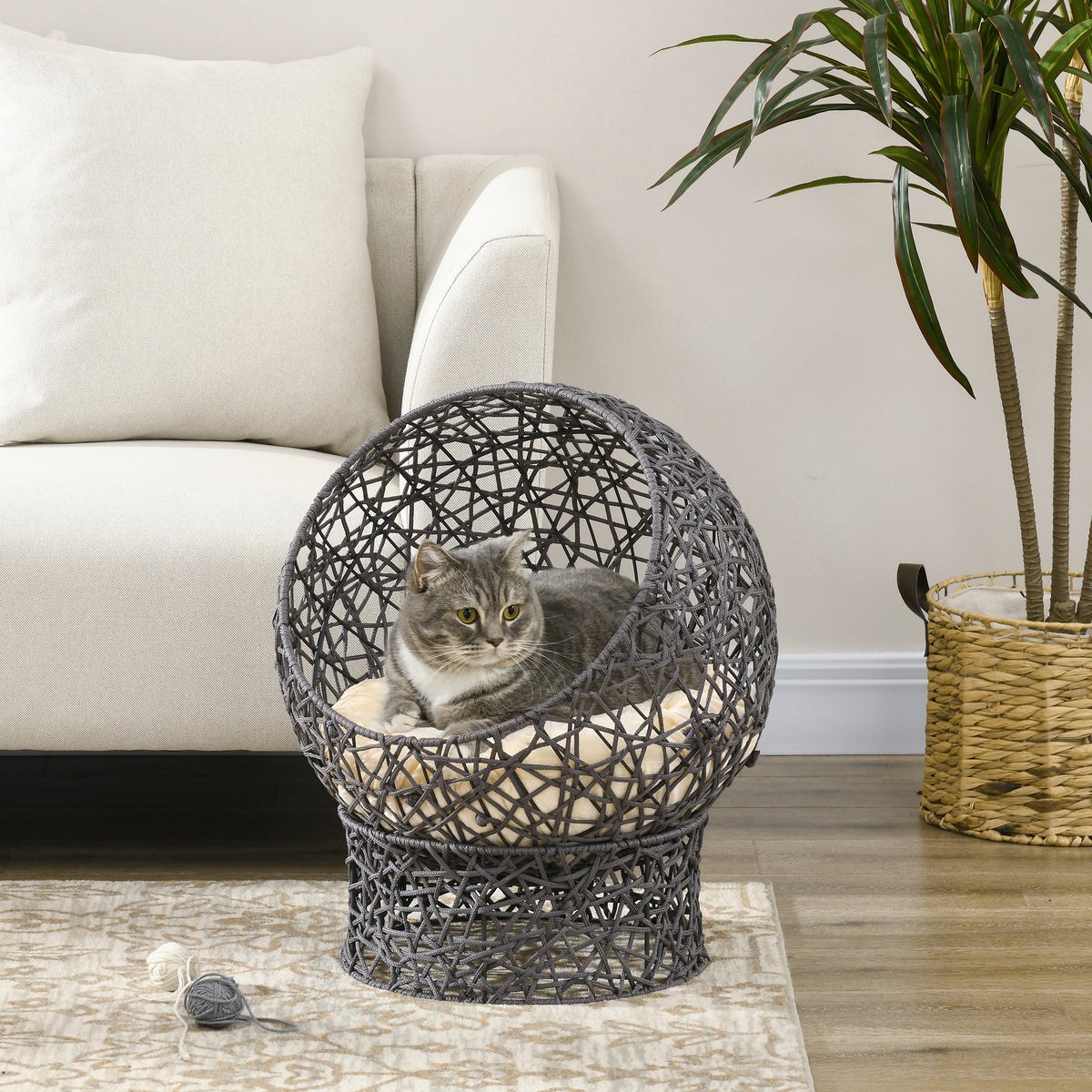 Cesta per gatti, cuccia rialzata, accogliente tana per gatti, 50 x 50 x 60 cm, cuscino morbido color crema incluso, corda in poliestere viola