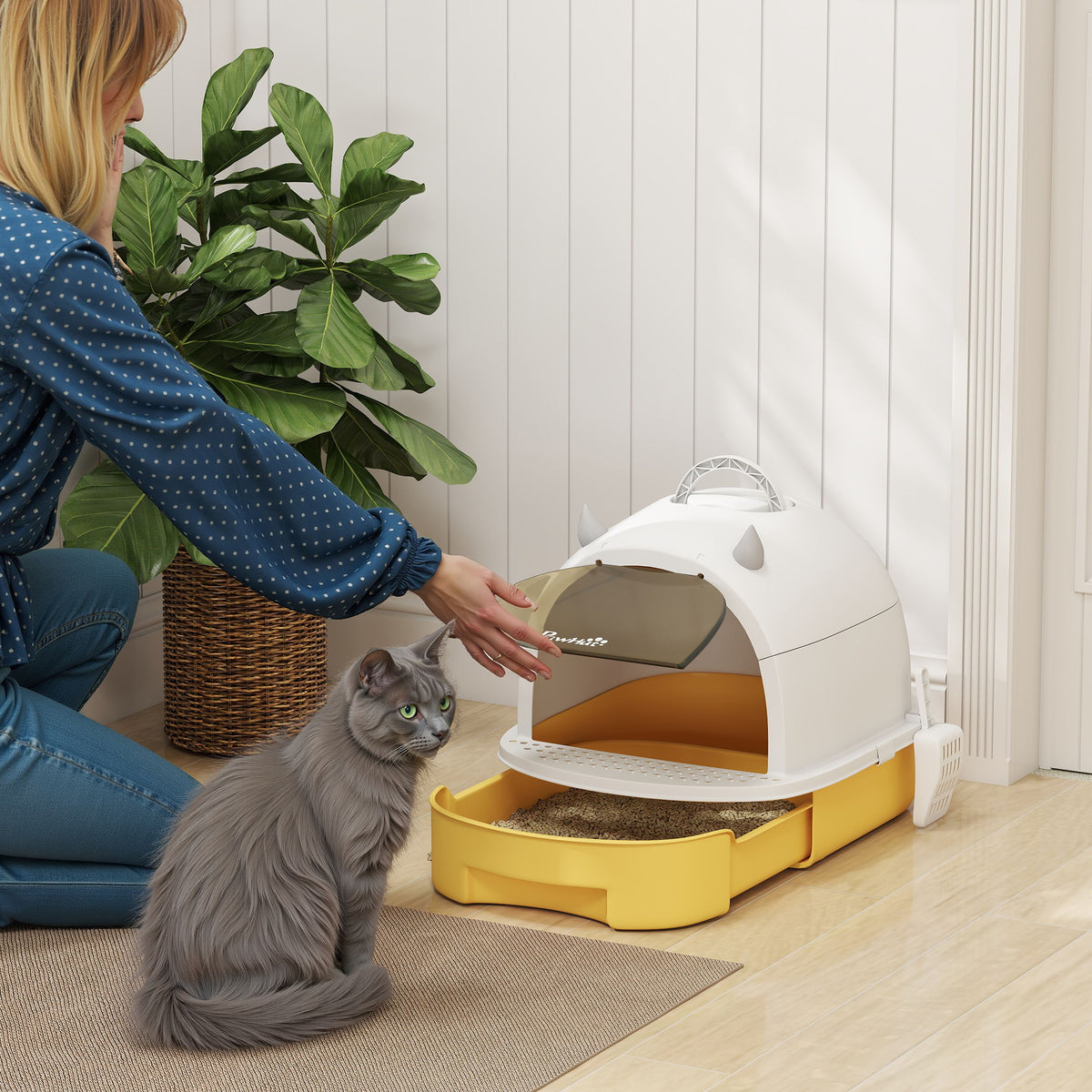 Toilette chiusa per gatti con maniglia di trasporto e porta traslucida, 40,5 x 52 x 39 cm, gialla