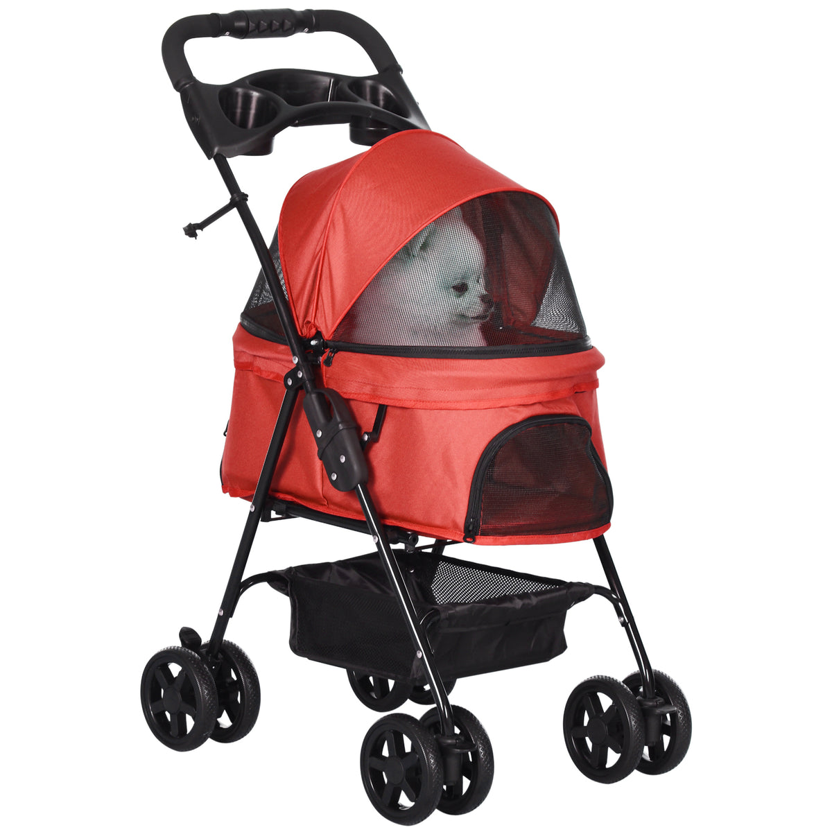 Passeggino pieghevole per cani e gatti, cestino portaoggetti, portabicchiere, tessuto Oxford impermeabile 300D, 4 ruote, rosso