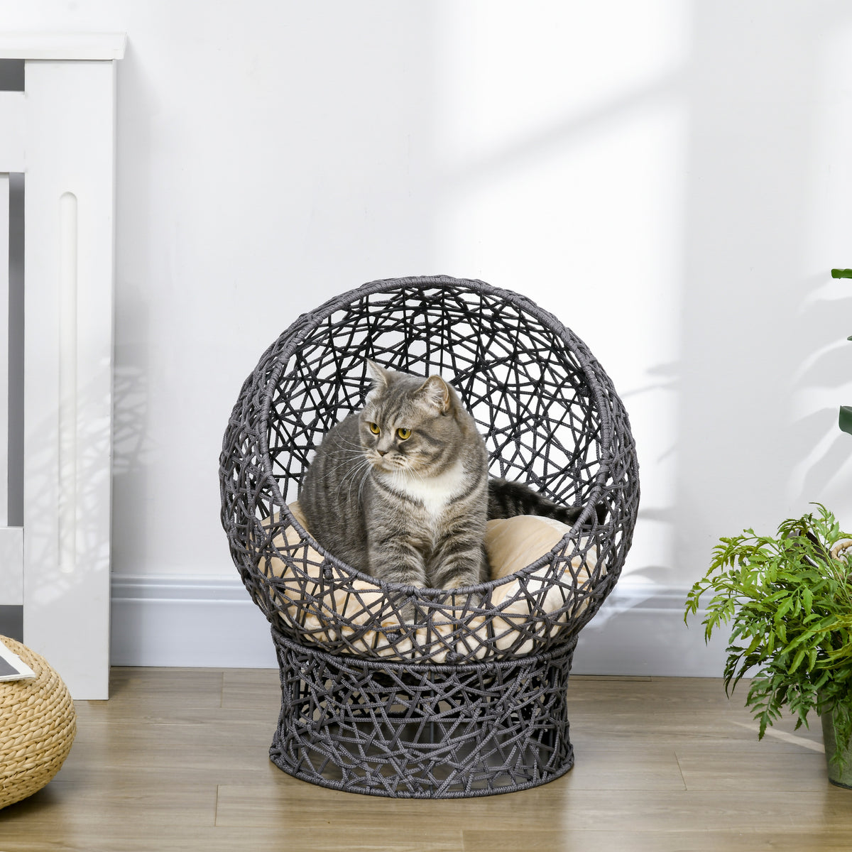 Cesta per gatti, cuccia rialzata, accogliente tana per gatti, 50 x 50 x 60 cm, cuscino morbido color crema incluso, corda in poliestere viola