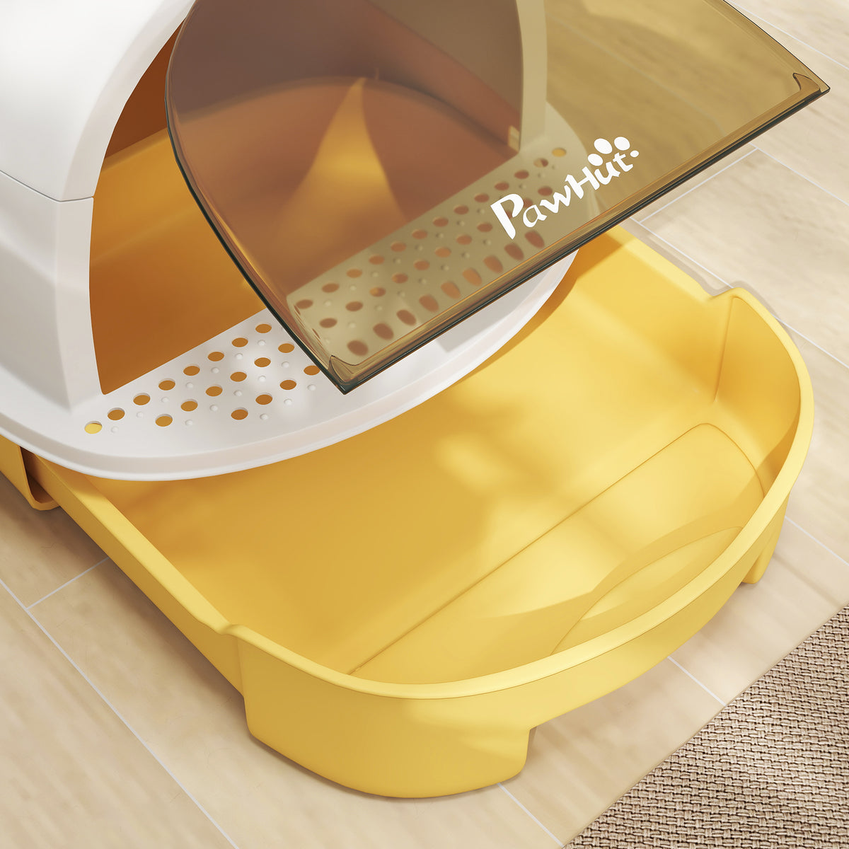 Toilette chiusa per gatti con maniglia di trasporto e porta traslucida, 40,5 x 52 x 39 cm, gialla