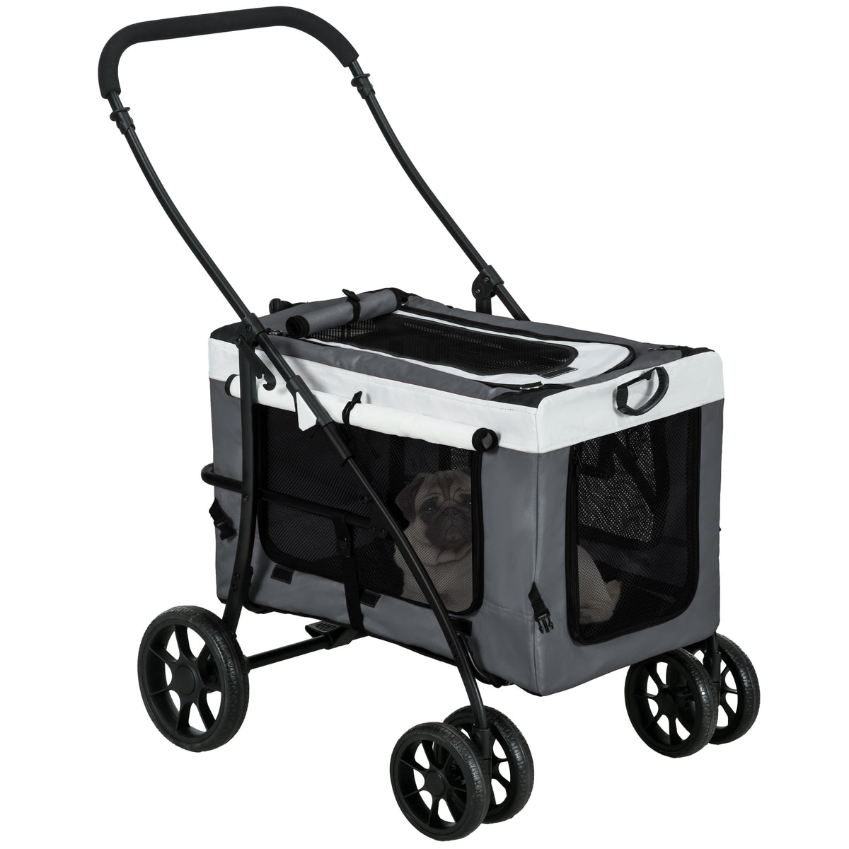 Passeggino pieghevole per cani e gatti, con navicella rimovibile, spallacci, 4 ruote, 81 x 58 x 97,5 cm, grigio.