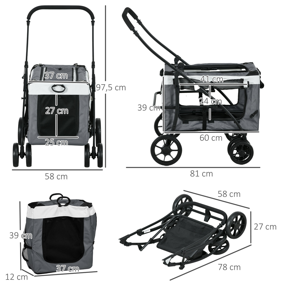 Passeggino pieghevole per cani e gatti, con navicella rimovibile, spallacci, 4 ruote, 81 x 58 x 97,5 cm, grigio.