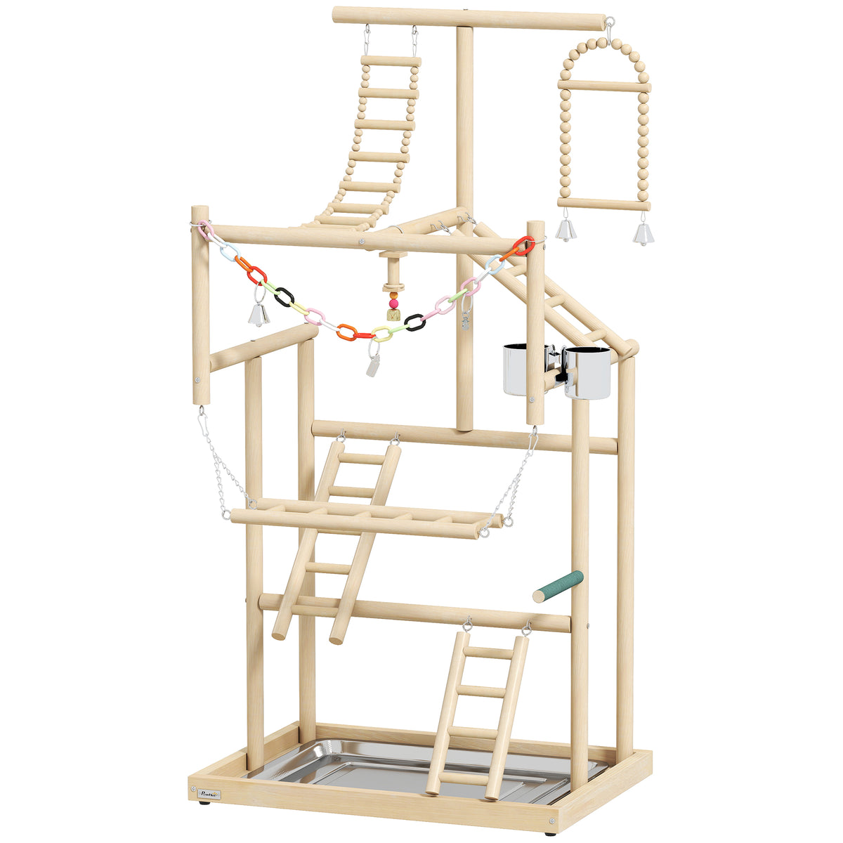 Area giochi per uccelli, parco giochi per pappagalli, scalette, gioco a catena, vassoio, 48x38x95 cm, legno naturale