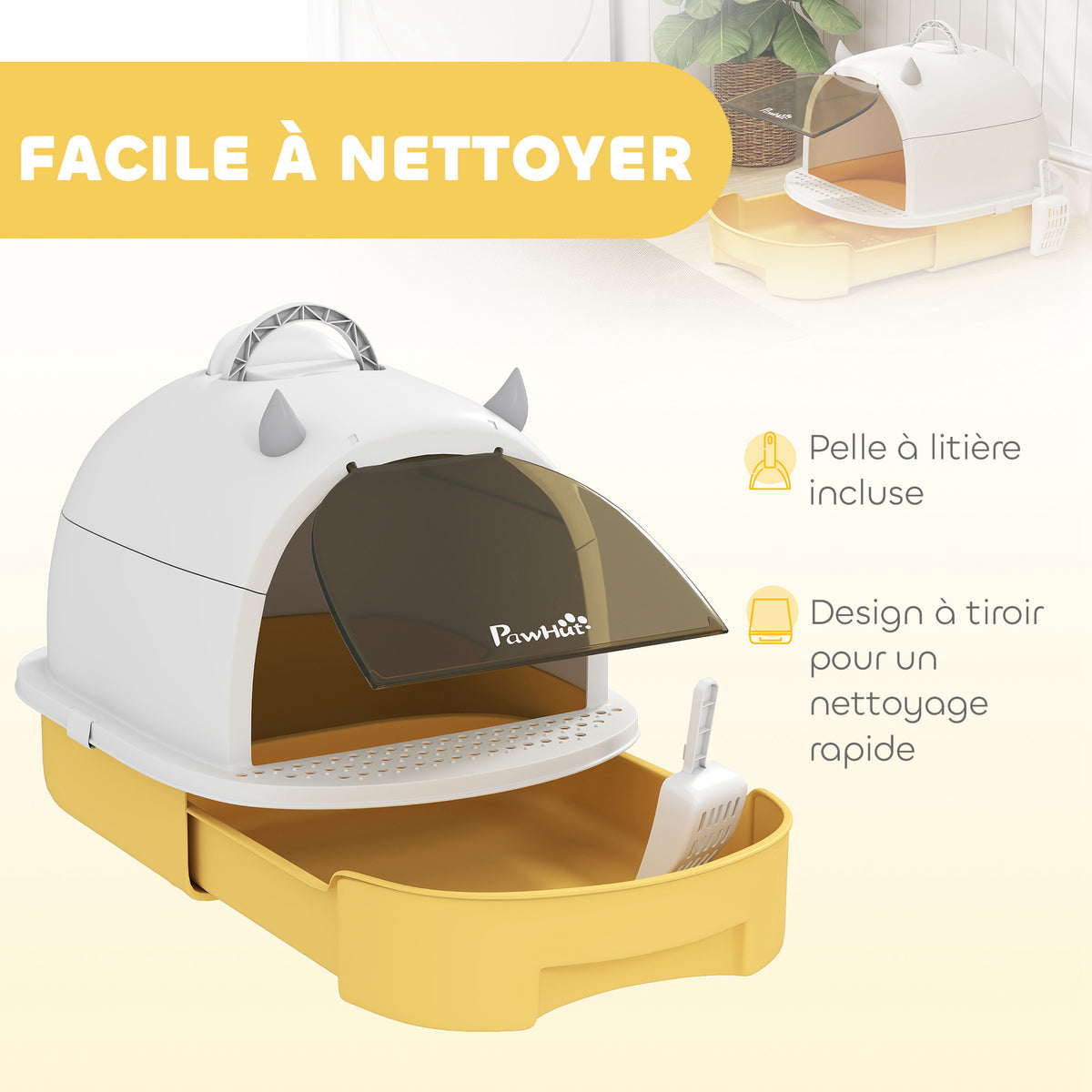 Toilette chiusa per gatti con maniglia di trasporto e porta traslucida, 40,5 x 52 x 39 cm, gialla