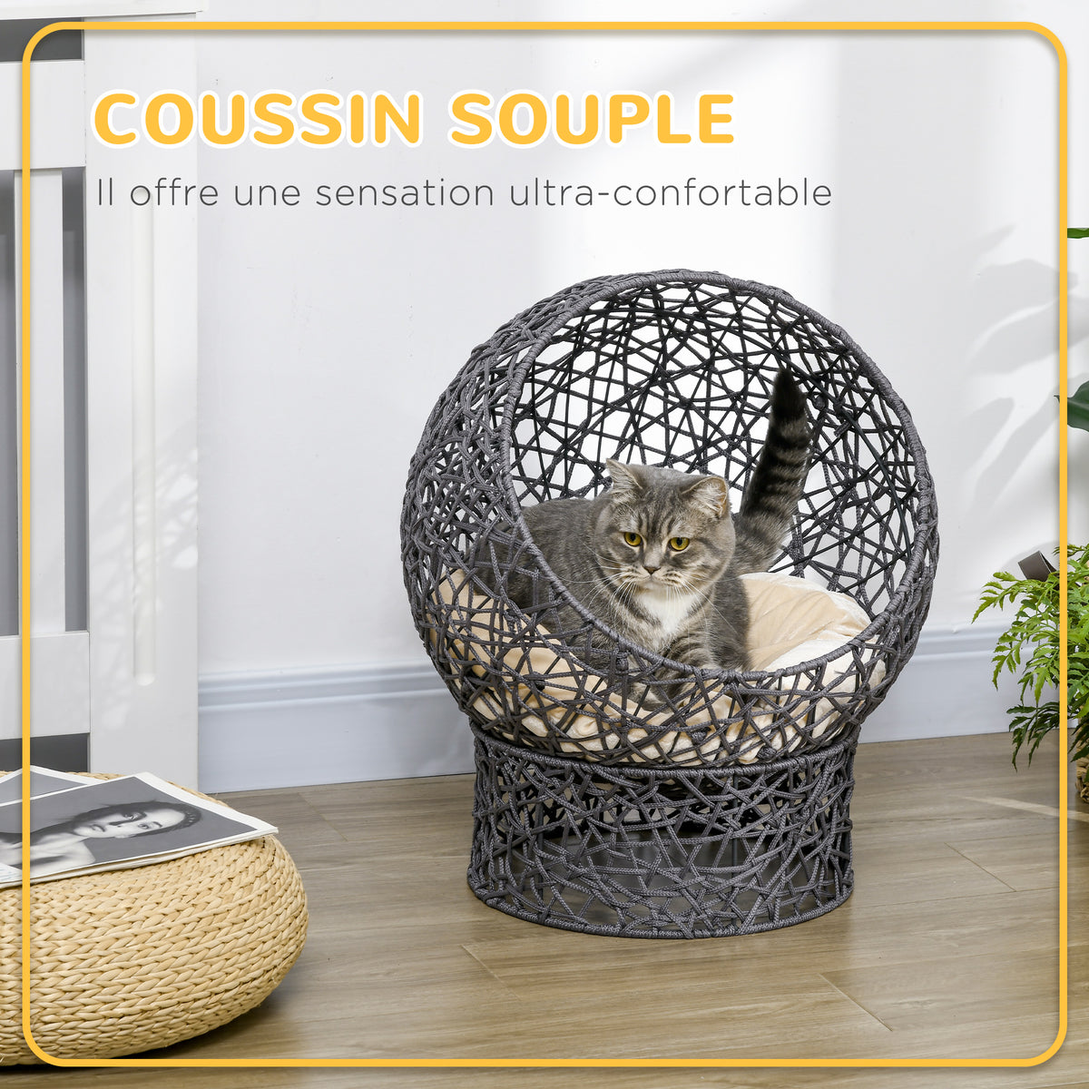Cesta per gatti, cuccia rialzata, accogliente tana per gatti, 50 x 50 x 60 cm, cuscino morbido color crema incluso, corda in poliestere viola