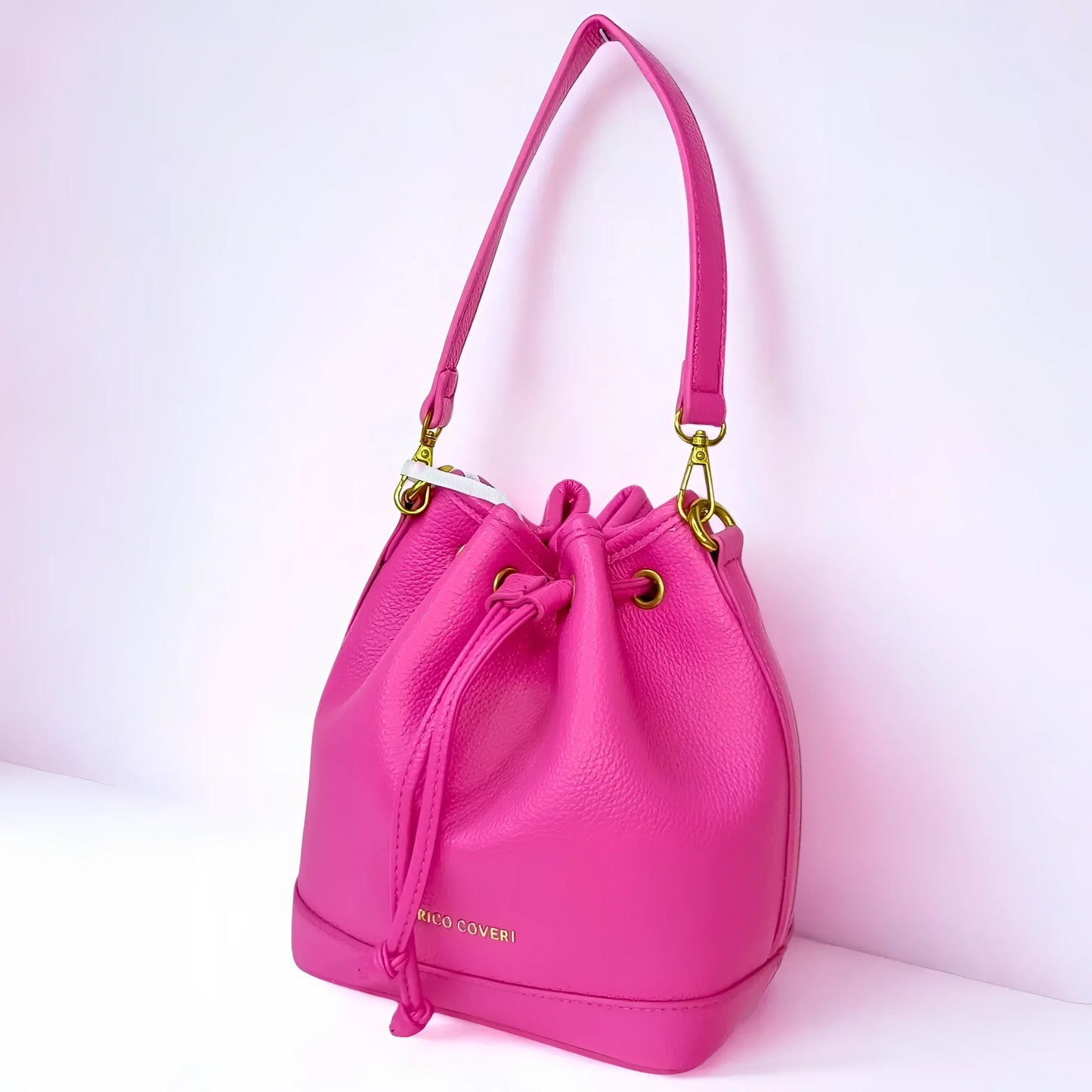 Leather Bucket Bag in Bright Pink and Black