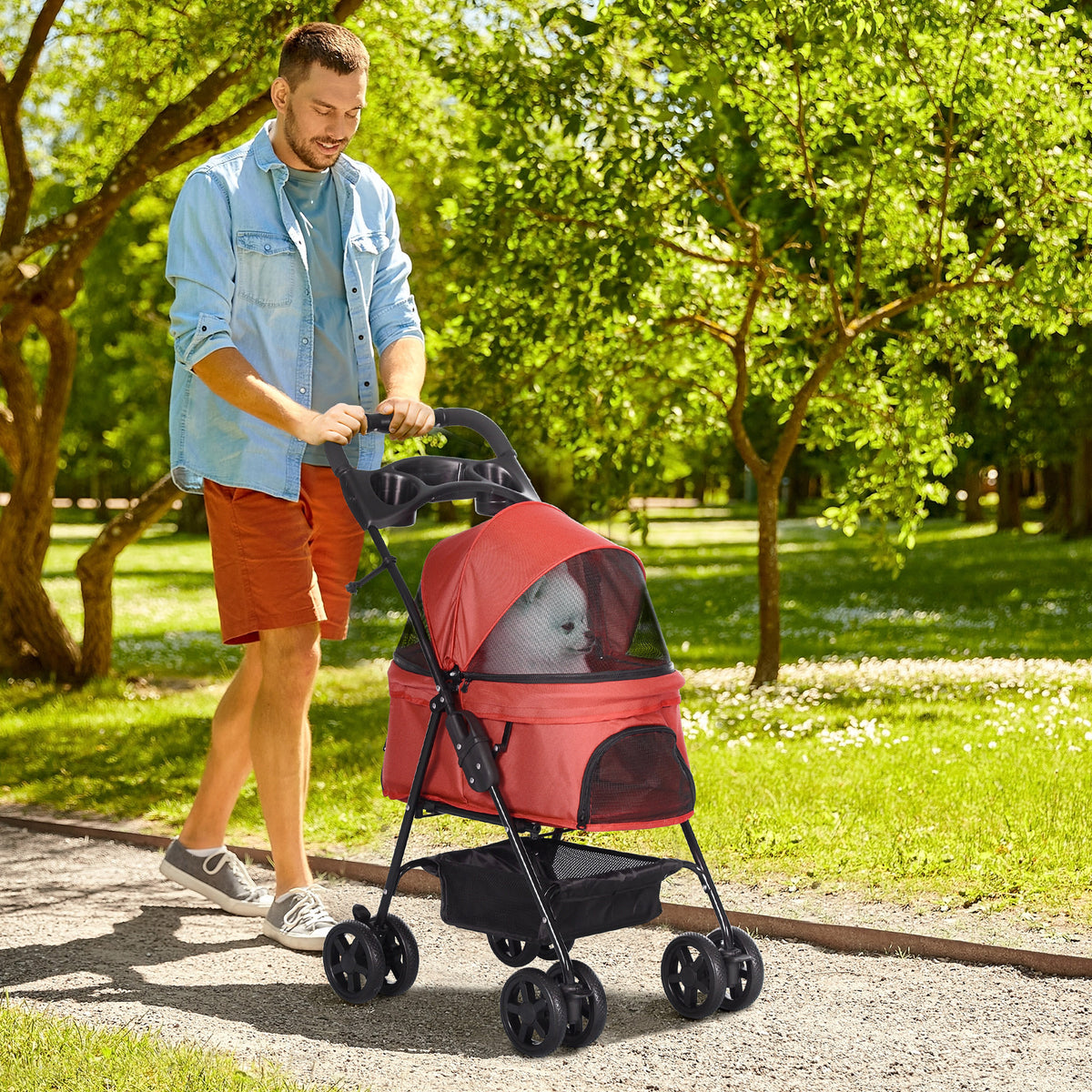 Passeggino pieghevole per cani e gatti, cestino portaoggetti, portabicchiere, tessuto Oxford impermeabile 300D, 4 ruote, rosso