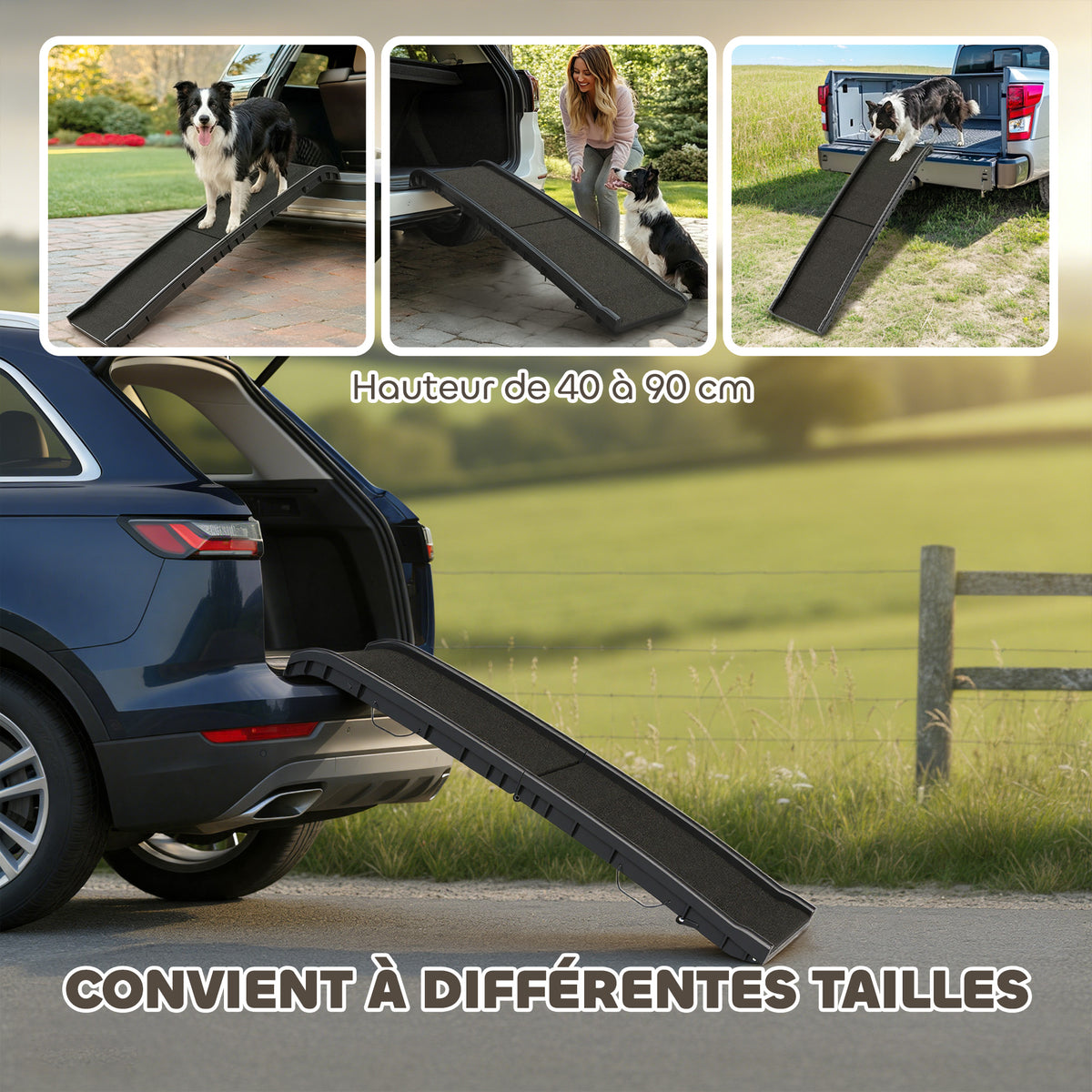 Rampa pieghevole per cani, scaletta in PP con pendenza dolce e superficie antiscivolo, 155x38,5x15,5 cm, nera.