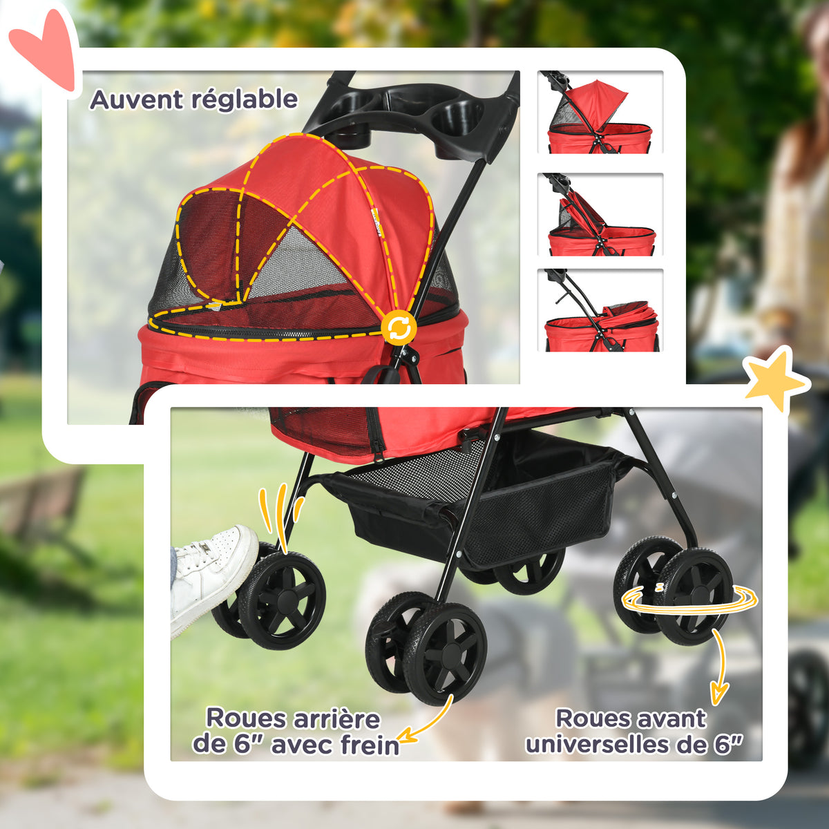 Passeggino pieghevole per cani e gatti, cestino portaoggetti, portabicchiere, tessuto Oxford impermeabile 300D, 4 ruote, rosso