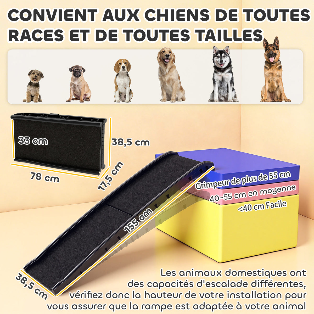 Rampa pieghevole per cani, scaletta in PP con pendenza dolce e superficie antiscivolo, 155x38,5x15,5 cm, nera.
